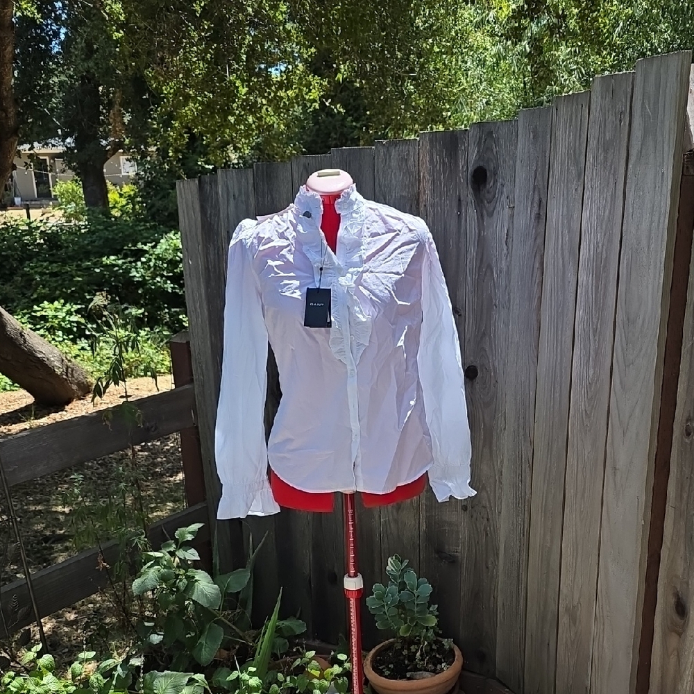 Gant White Long Sleeve Ruffled Button Down Shirt